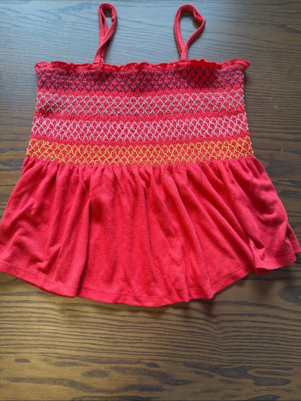No Boundaries Red Smocked Tank with Multicolor Stitching